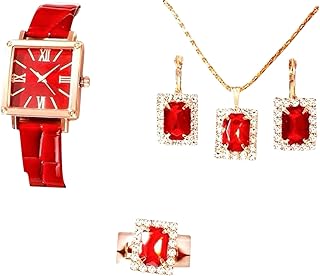 Women's Fashion Quartz Watch and Jewelry Set, Red or Blue Crystal Rhinestone Necklace Earrings Ring, Rose Gold Tone, 4 Piece Gift Set