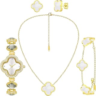 5 Pieces Lucky Clover Jewelry Set for Women Gold Jewelry Set 18K Gold Plated Flower Design Five Leaf Necklace Bracelet Ring Earrings for Women