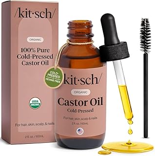 Kitsch Organic Castor Oil for Hair Growth - 100% Pure Castor Oil, Organic Cold Pressed Unrefined Glass Bottle for Face, Skin, Lashes, Brows, Scalp, Nails & Belly Button | Ideal Gifts for Women - 2 oz