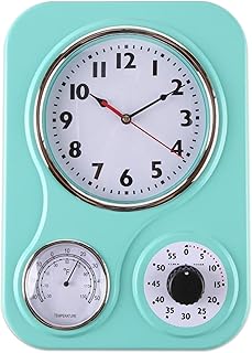 Lily's Home - 9.5 Inch x 12.5 Inch - Retro Kitchen Wall Clock, Vintage Wall Clock with a Thermometer and 60-Minute Timer, Ideal for Any Kitchen, Office, or Diner (Turquoise)