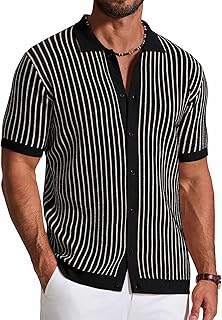 Mens Knit Button Down Shirts Short Sleeve Polo Shirt Vintage Striped Casual Shirts