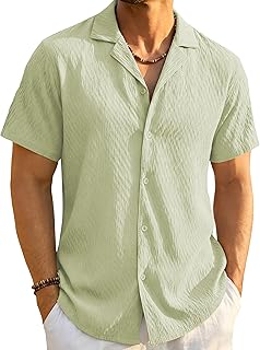 Mens Button Down Shirt Short Sleeve Textured Cuban Shirts Lightweight Breathable Summer Beach Casual Shirt