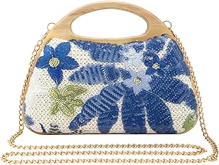 Women's Straw Purse Beaded Bag Wooden Top Handle Embroidery Sequin Handbag Summer Beach Evening Clutch Crossbody Bag