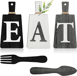Jetec Cutting Board Eat Sign Set Hanging Art Kitchen Eat Sign Farmhouse Fork and Spoon Wall Decor Rustic Primitive Country Kitchen Decor for Home over Cabinet Decoration(Black, White, Gray)
