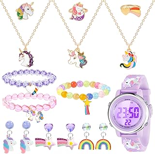 Girls Watch Jewelry Set Unicorn Necklaces Rings Bracelets Clip on Earrings Multifunctional Digital Sport Alarm Stopwatch 3D Waterproof Unicorn Watch for Girls 3-10 Years Old Kids