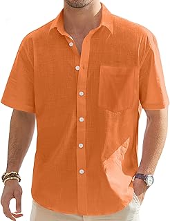 Men's Linen Short Sleeve Shirts Cotton Casual Lightweight Button Down Shirt Beach Vacation Summer Tops with Pocket