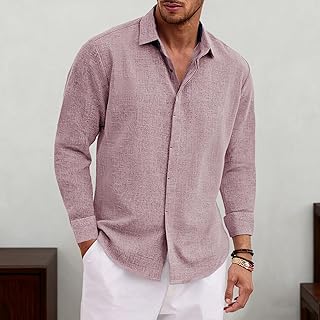 Mens Casual Linen Shirts Long Sleeve Collared Button Down Shirt for Men Beach Fashion Clothing Fall Winter Wedding Tops