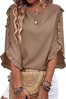 3/4 Length Sleeve Womens Tops Dressy Casual Blouses Crewneck Ruffle Sleeve Shirts Spring Outfits Business Work Tops