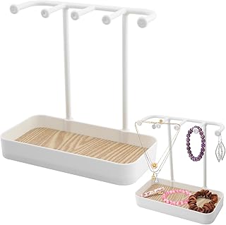 RVXlRDN Jewelry Organizer Stand Necklace Holder, Jewelry Rack with Wooden Tray, 5 Hooks Necklaces Hanging Small Jewelry Display Storage for Bracelets Earrings Rings Watches(white)