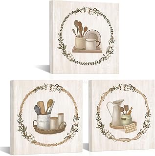 OuElegent Kitchen Canvas Wall Art Beige Cooking Utensils Painting Vintage Tan Kitchen Decor Art Prints for Home Decor Framed 12"x12"x3pcs (Beige)