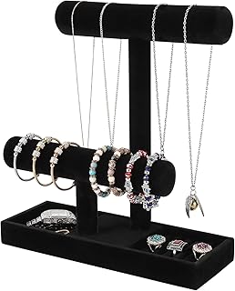 ByKen Necklace Holder,Bracelet Holder,Jewelry Organizer Stand with Earrings Rings Tray,Jewelry Holder for Scrunchie Watches (Black Velvet)