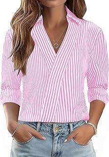 3/4 Length Sleeve Womens Tops Dressy V Neck Collared Shirts Trendy Business Casual Work Blouses Vacation Outfits 2026