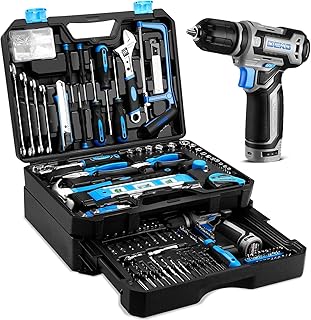 Tool Set: Tool Kit with 12V Cordless Drill, Hand Toolbox with storage case, Mechanic Tool set for Home Repairs, Blue