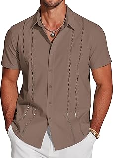 Men's Cuban Guayabera Shirt Short Sleeve Button Down Shirts Casual Summer Beach Linen Shirts