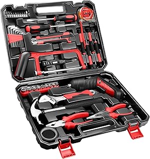 JENABOM 43 in 1 Household Tool Set with 3.6V USB Cordless Electric Screwdriver,Home Tool Kit with Cordless Drill Driver(Red)