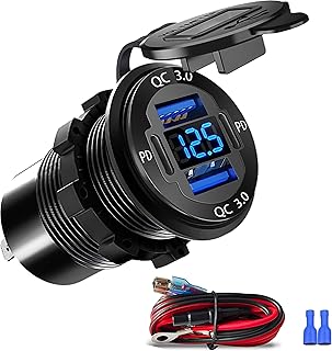 Upgraded 4 Port 12V USB Outlet, 78W Dual PD & QC Aluminum Alloy USB Ports with LED Voltmeter Waterproof for Cars, Cigarette Lighter Replacement 12V Socket for Boats RV Trucks and Motorcycles