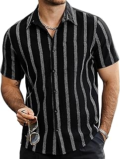 Mens Summer Striped Shirts Button Down Short Sleeve Vintage Beach Hawaiian Shirts with Pocket