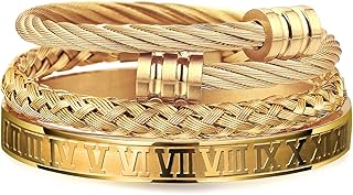 3PCS Stainless Steel Bracelets for Men Gold Roman Numeral Bangle Bracelet Twisted Cable Bracelet Adjustable Cuff Bracelet Mens Luxury Jewelry Bracelets Gifts
