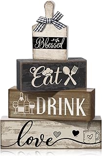 Moucuny 4 Pcs Farmhouse Kitchen Decor Wooden Plate Farmhouse Table Decor Black Brown and White Plate Tableware Centerpiece Rustic Decorative Plates Block Sign for Display Cabinet Kitchen Decoration