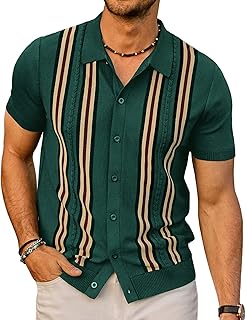Mens Polo Shirts Vintage Striped Button Down Knitted Golf Shirts