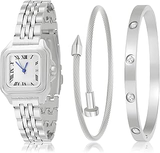 3 Pieces Women Gold Watch Bracelets Set Fashion Costume Jewelry Stainless Steel Gold Plated Square Wristwatch Diamond Bangle Bracelet Watch Jewelry Set for Women