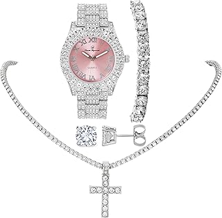 Women's Iced out Watches with Diamond Stud Earrings and Flawless blinged out Cross Tennis Necklace & Bracelet - 4pc Cross Set