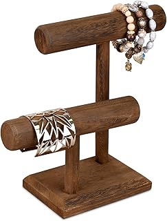 Ikee Design 2 Tier Wooden Jewelry Bracelet Watch Display Tower, Bangle Scrunchie Necklace Holder Storage Stand, 7.9 W x 4.3 D x 9.4 H in, Brown Color