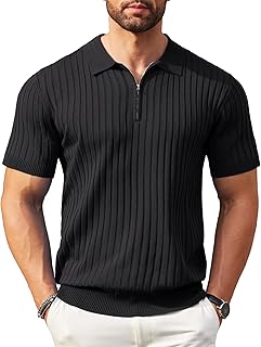 Men's Zipper Polo Shirts Short Sleeve Ribbed Knit Polo T Shirts Fashion Casual Golf Shirts