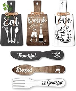 PH PandaHall 6pcs Kitchen Wall Decor Start Drink Sign Set Wood Pendant Accessories Mini Wood Plaque Fork and Spoon Shape Decorations Rustic Style Home Dector Black Brown White 11x5.5 inch/11.8x2 inch
