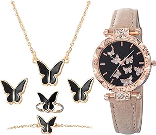 5 Pieces Butterfly Watch Set, Women's Wrist Watches set with Rings/Necklaces/Bracelets/Earrings, Butterfly Leather Strap Watches, Jewelry Accessories Fashion