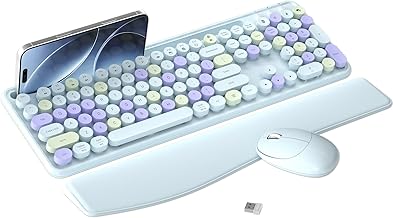 MPTOG Colorful Wireless Computer Keyboard and Mouse Combo with Phone Holder, Wrist Rest, Typewriter Keys, 2.4GHz Wireless, Full-Sized Optical Mouse for PC and Laptop (Light Blue)
