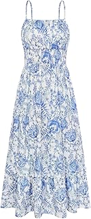 Summer Dresses for Women 2026 Vacation,Smocked Floral Maxi Dress,Boho Beach Sundress with Pocket Fashion Clothing