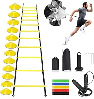 Agility Ladder, Speed Training Equipment Set, 20ft 12-Step Agility Ladder with 4 Fixed Steel Spikes, 5 Resistance Bands, 12 Football Cones, Jump Rope, Running Resistance Umbrella for Kids Teens Adults