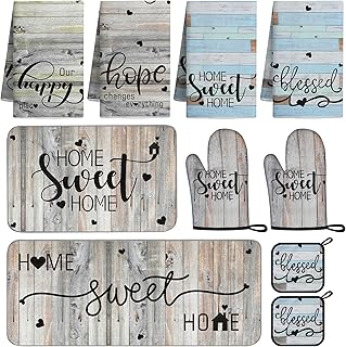 10 Pcs Farmhouse Kitchen Decor and Accessories Set 4 Kitchen Dish Towels 2 Pot Holders 2 Oven Mitts 2 Rugs for Floor Home Decorations Cooking Baking Mom Daughter Gifts Black White Brown