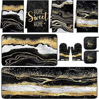Fourluoo 10 Pcs Marble Farmhouse Kitchen Decor Accessories Set Marble Kitchen Dish Towels Rugs Oven Mitts and Pot Holders Sets for Cooking Baking(Black Gold,Modern)