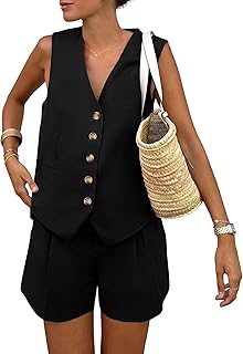 Women's Summer 2 Piece Outfits Sleeveless Matching Sets Button Down V Neck Vest Waistcoat and Pockets Shorts